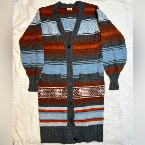 Striped Cardigan Sweater - Gray, Blue, Brown - Picture 1 of 5